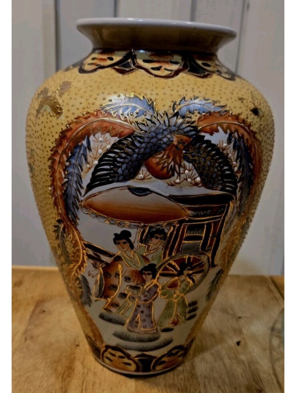 Chinoiserie Porcelain Ginger Vase HANDPAINTED MORIAGE GEISHA 10.8" Gold Trim